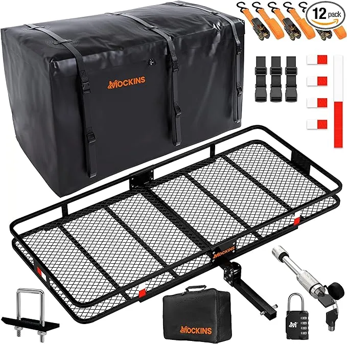 Mockins XXL 70"x30"x6" Folding Trailer Hitch Cargo Carrier Hitch Mount w/Hitch Cargo Carrier Bag | 40 CuFt Vehicle Soft-Shell Carriers | 500 lbs Cap