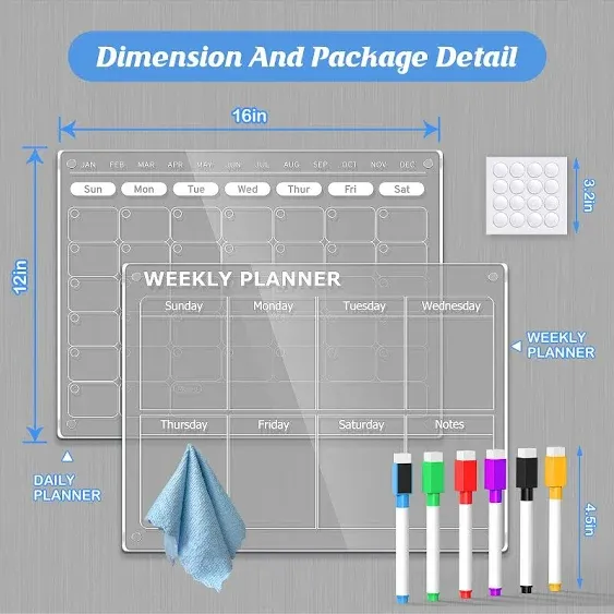 2 Pcs Acrylic Magnetic Monthly Calendar &amp; Weekly Planner Set for Fridge,... 