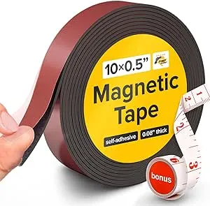 Flexible Magnetic Tape (10 feet x 1/2 inch) - Magnetic Strip with Strong Self Adhesive - Ideal Magnetic Roll for Craft and DIY Projects - Sticky Magnets for Fridge and Dry Erase Board