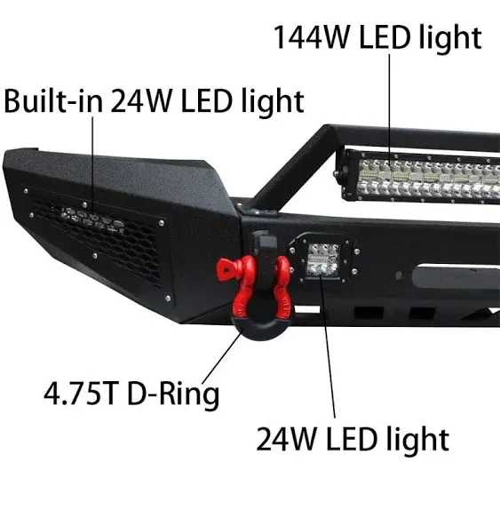 Front Bumper Texture Black w/Winch Plate & 5 LED Lights & D-Rings Compatible with 1999-2004 Jeep Grand Cherokee WJ