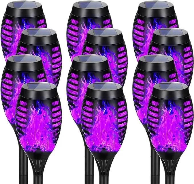 Solar Lights Outdoor Waterproof Purple, Upgraded 12 Pack Solar Torches with Flickering Flame Waterproof for Garden Decor, Mini Solar Outdoor Lights Tiki Torches for Outside Yard Patio Pathway