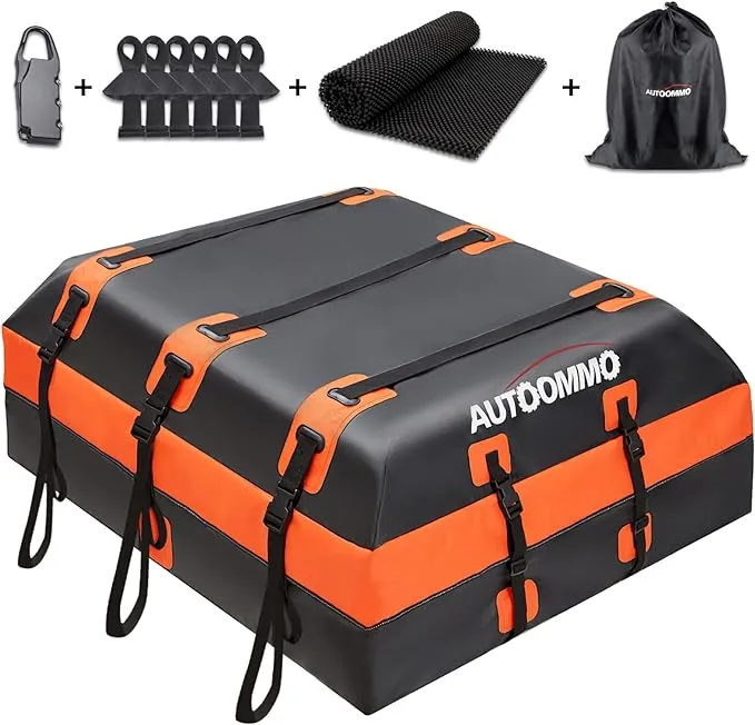 AUTOOMMO 19 Cubic Rooftop Cargo Carrier, Waterproof & Strength Anti-Tear Car Roof Top Carrier, 10 Heavy-Duty Straps for All Vehicles with/Without Rack, Includes Anti-Slip Mat,6 Door Hooks,Luggage Lock