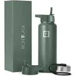 IRON °FLASK Camping & Hiking Hydration Flask, Wide Mouth, 3 Straw Lids, Stainless Steel Outdoor Water Bottle, Double Walled, Insulated Thermos, Metal Canteen - Sage, 40 Oz