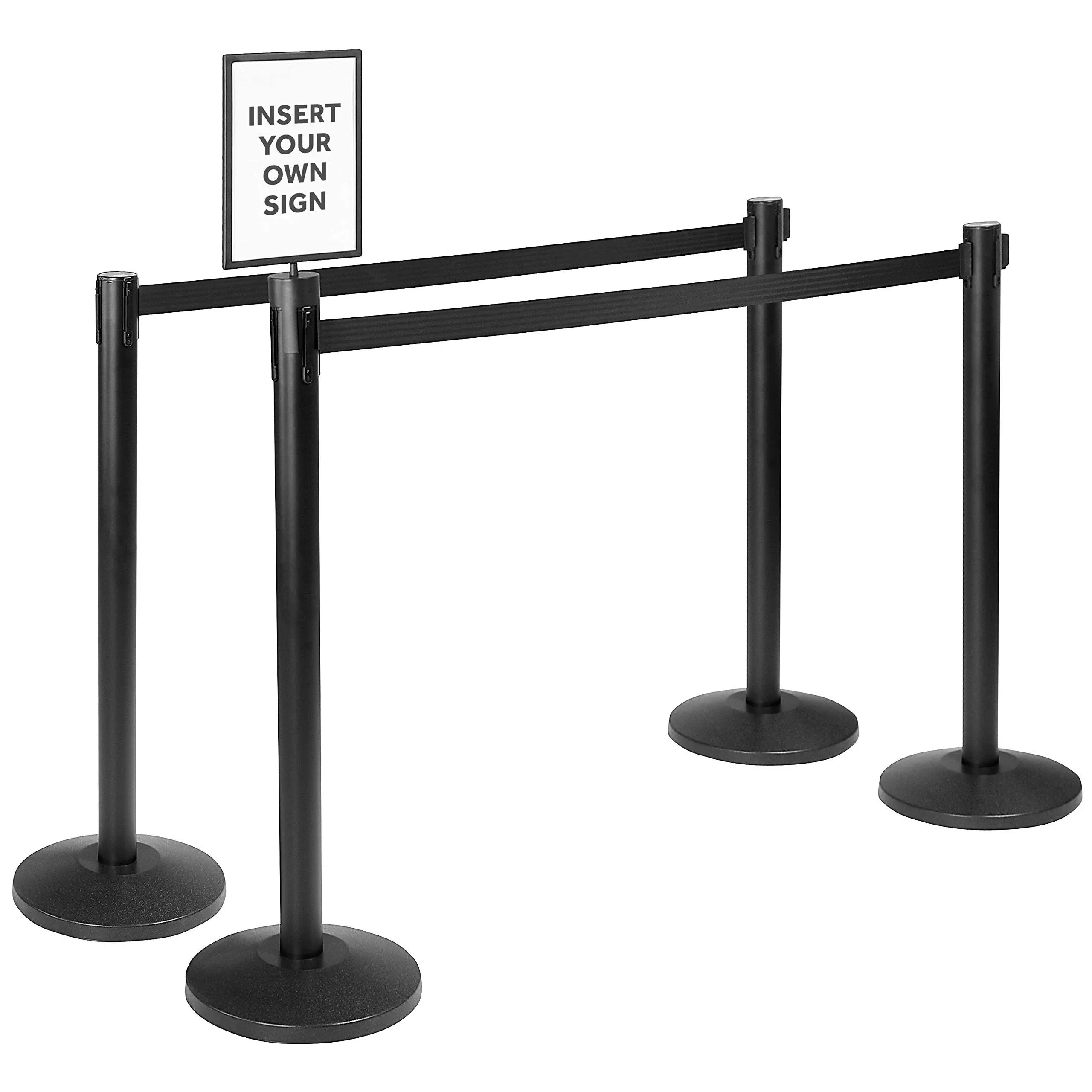 Qbuster Retractable Belt Stanchion Safety Barrier Post Set with 11'L Belt, 4 Posts, and Sign Holder, Black