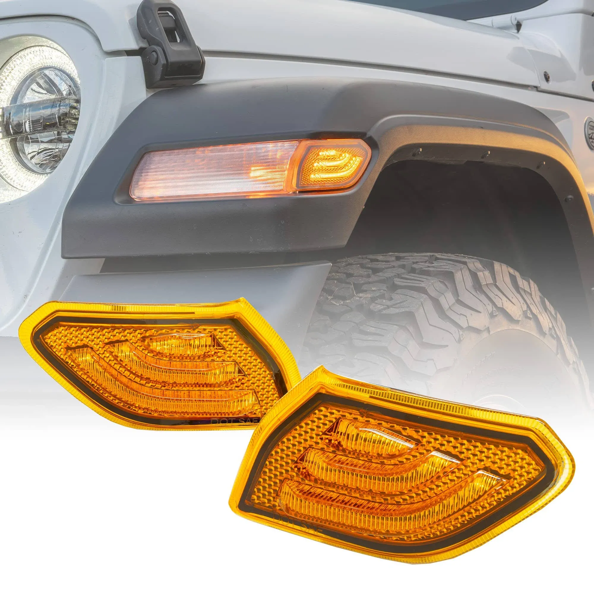 LED Turn Signal Marker Light Replacement for Jeep 2018+ Wrangler JL Gladiator JT, Corner Light, Amber Lens, Plug-N-Play, IP67 Waterproof