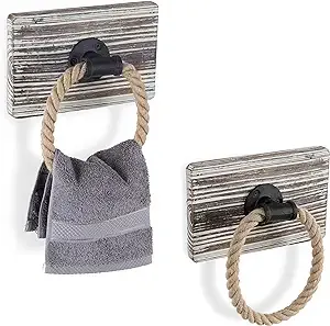 Wall-Mounted Torched Wood &amp; Rope Urban Rustic Towel Rings, Set of 2