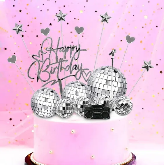 23PCS Disco Ball Cake Toppers 70's Disco Theme Cake Decoration Set with DJ Bling Silver Mirror Balls Centerpiece and Mini Microphone Radio Toy Decor for Women Men 1970s Dance Birthday Party Supplies