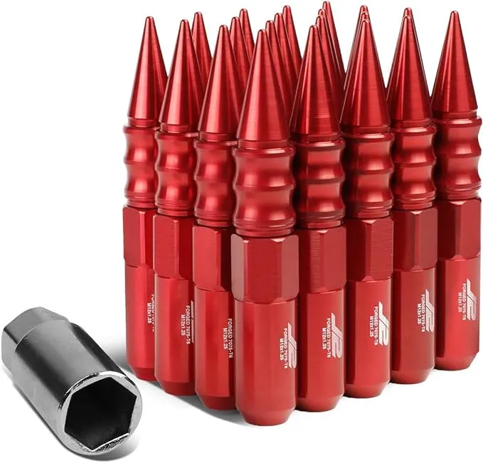 J2 Engineering LN-T7-015-125-RD 20pcs M12 x 1.25 7075-T6 Aluminum 123mm Spiked Cap Lug Nut w/Socket Adapter (Red)