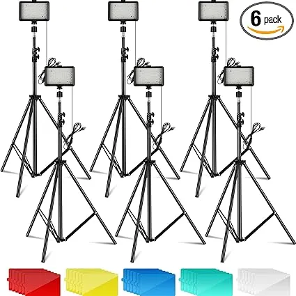 6 Pack LED Video Light Kit with Adjustable Tripod Stand and Color Filters Dimmable Portable Photography Lighting LED Studio Streaming Lights for Tablet Low Angle Shooting, Portrait Photography