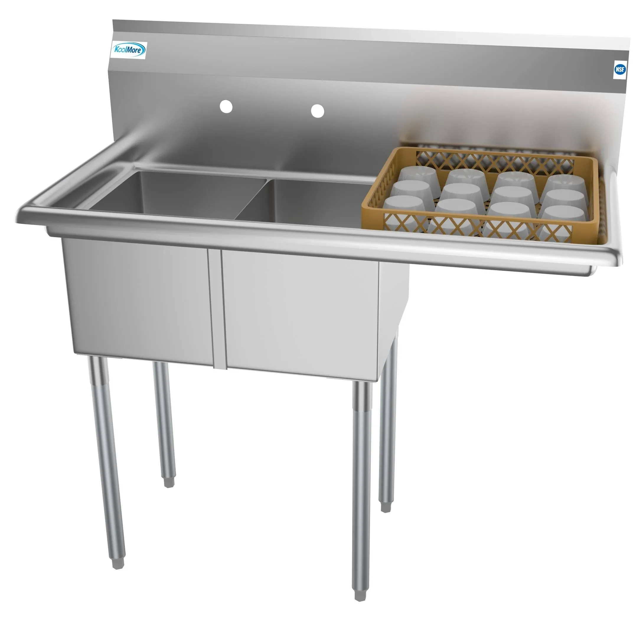 KoolMore SB121610-16R3 2 Compartment Stainless Steel NSF Commercial Kitchen Prep & Utility Sink with Drainboard - Bowl Size 12" x 16" x 10" Silver