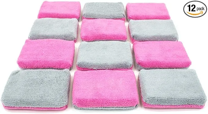 Autofiber Thin [Saver Applicator Terry] Ceramic Coating Applicator Sponge | 12 Pack | with Plastic Barrier to Reduce Product Waste. (Pink/Gray)