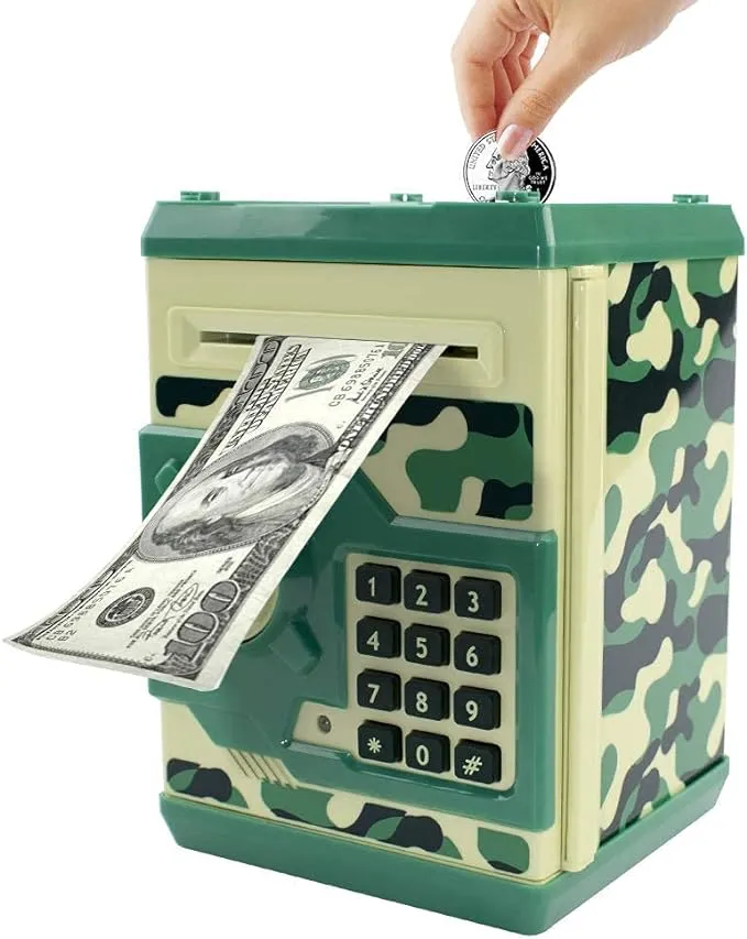 Piggy Bank Electronic Mini ATM for Kids Baby Toy, Auto Scroll Paper Money Safe Coin Banks Saving Box Password Code Lock for Children,Boys Girls Best Birthday Gift (Camouflage Green)