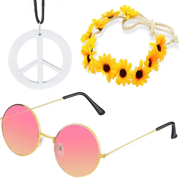 Beelittle Women Hippie Costume Set - 60's 70s Style Retro Vintage Glasses Peace Sign Necklace Sunflower Crown Hair Band