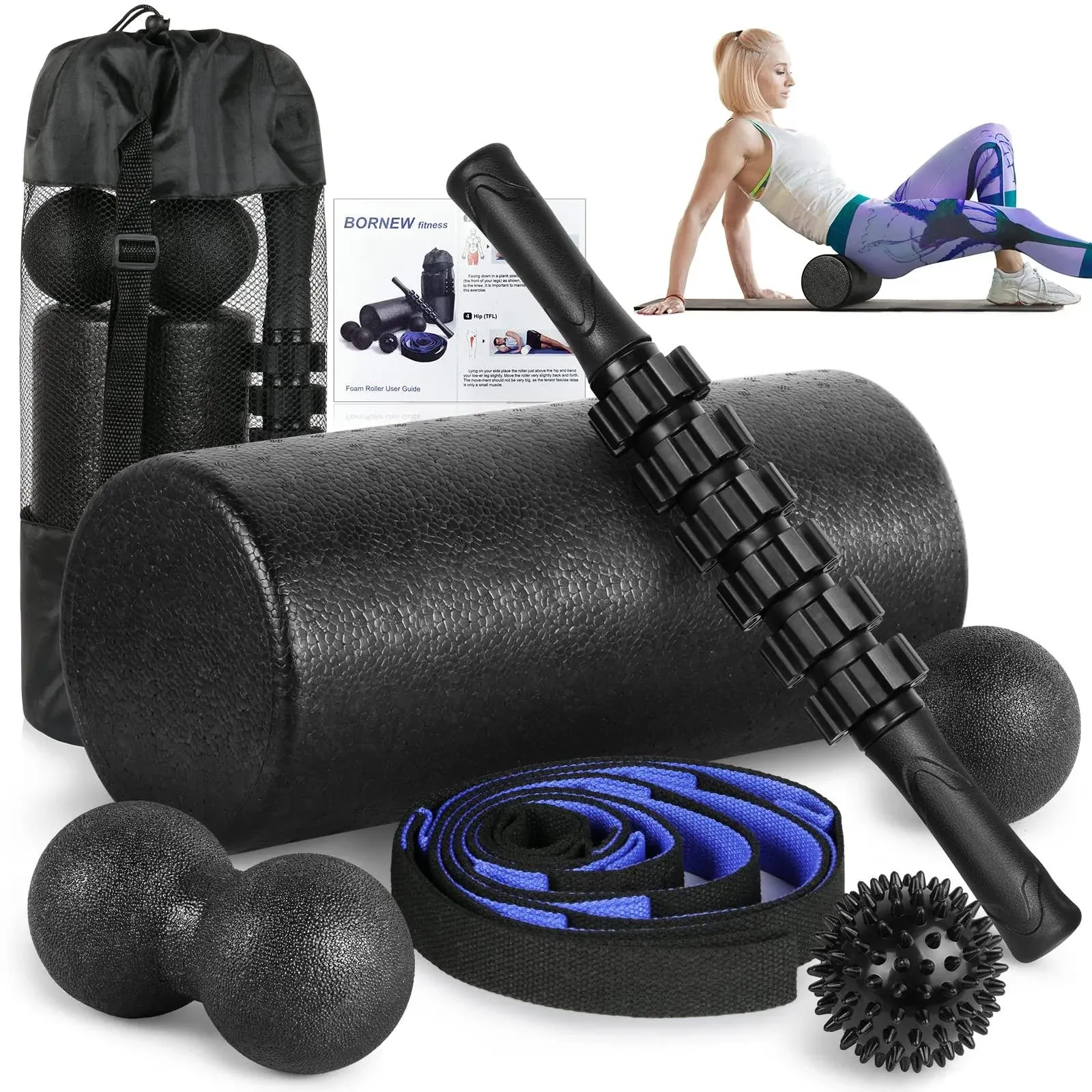 BORNEW 6 In1 Foam Roller Set -High Density Roller Foam,Muscle Roller Stick,2 Plantar Fasciitis Ball,Stretching Strap,Peanut Massage Ball for Physical