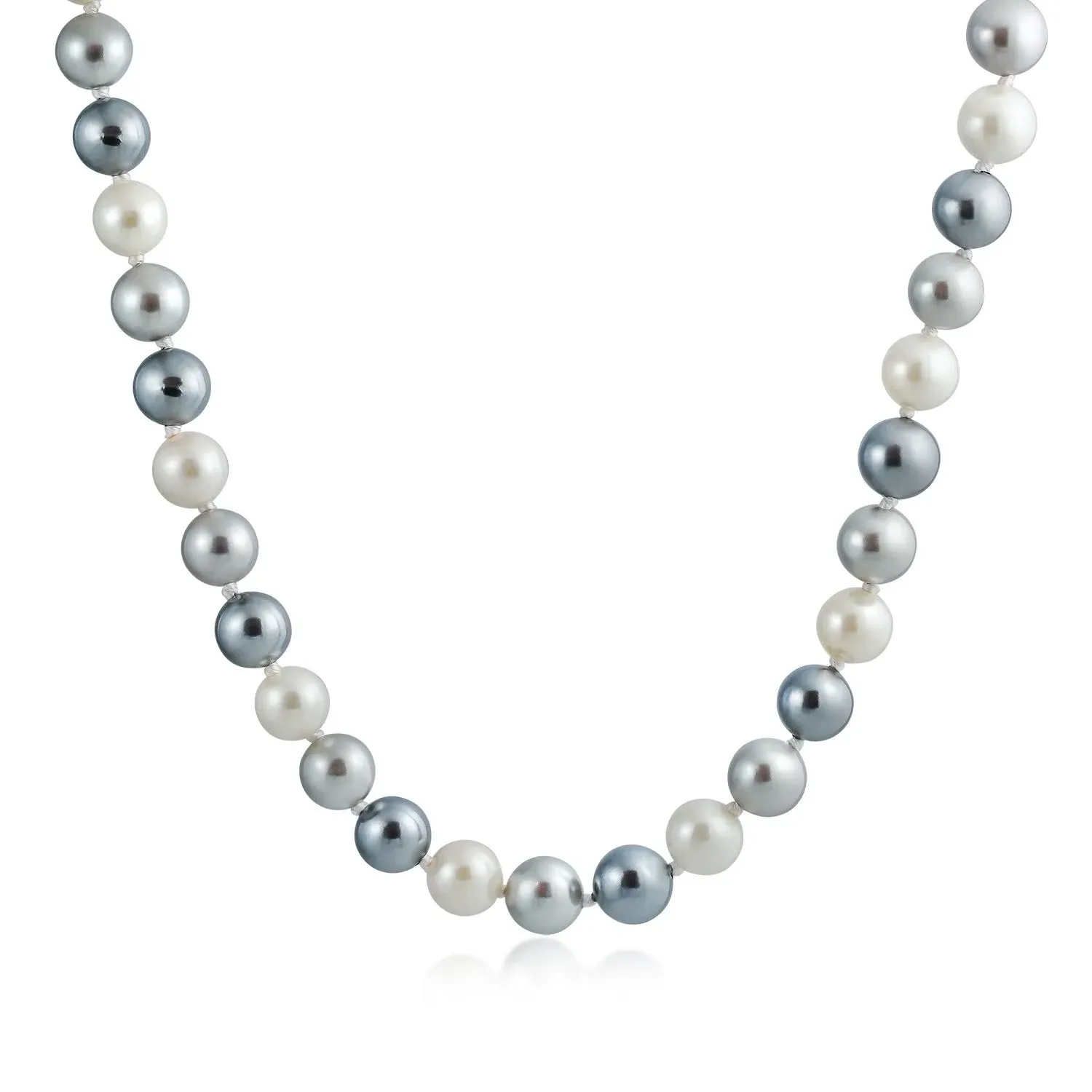 Classic Smooth 10MM Black White Grey Tri Multi Color Hand Knotted Simulated Pearl Strand Necklace For Women 18 Inches