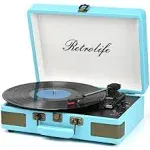 Record Player with Speakers 3-Speed Bluetooth Suitcase, Vintage Turntable (Blue)