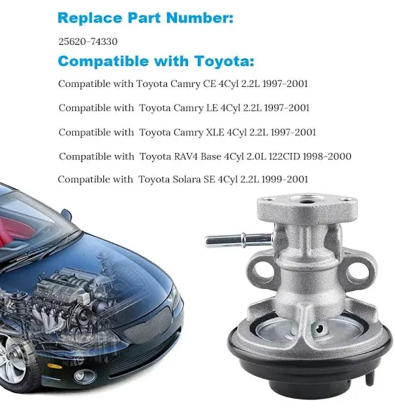 JDMON Compatible with EGR Exhaust Gas Recirculation Valve Toyota Camry 1997-2001, Solara 99-01, RAV4 1998 1999 2000,4-Cylinder Engine & Automatic Transmission Models Replaces 25620-74330