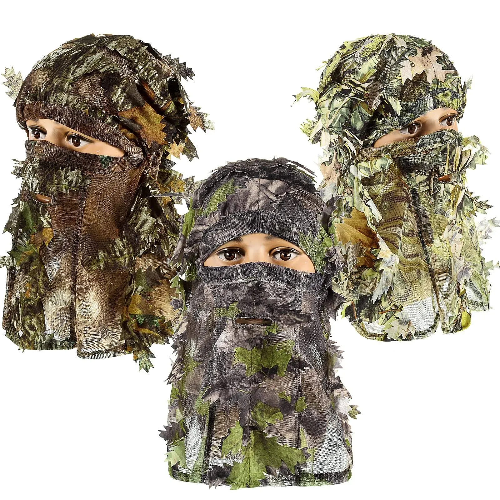 Sintege 3 Pieces Camo Hunting Face Mask Camouflage Leafy Hat Ghillie Face Covering 3D Full Cover Camo Headwear Turkey Hunting Gear Accessories