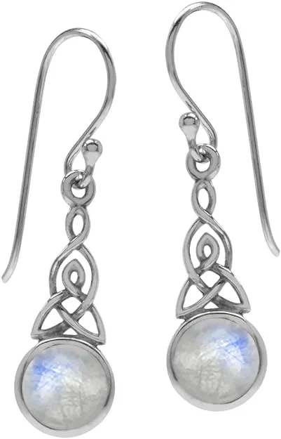 Silvershake 6mm Natural Moonstone 925 Sterling Silver Triquetra Celtic Knot Dangle Hook Earrings