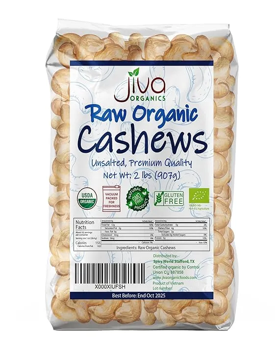 Jiva Organics Raw Organic Cashews (Whole) 2 Pound Bag