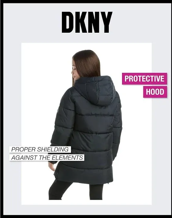 Dkny Girls' Long Puffer Jacket - Black, 7 - 8