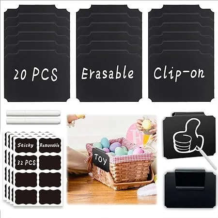 54-Piece Set of Basket Labels Clip On For Storage Bins: 20 Erasable Plastic Kitchen Pantry Labels, 32 Removable PVC Tag Stickers, 2 White Chalk Markers, For Organization Container, Jar, Shelf, Laundry