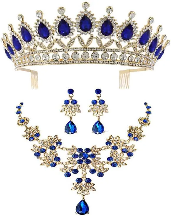 Holibanna Rhinestone Jewelry Set Crown Necklace Earrings Wedding Jewelry Set Baroque Crown with Comb for Party Banquet