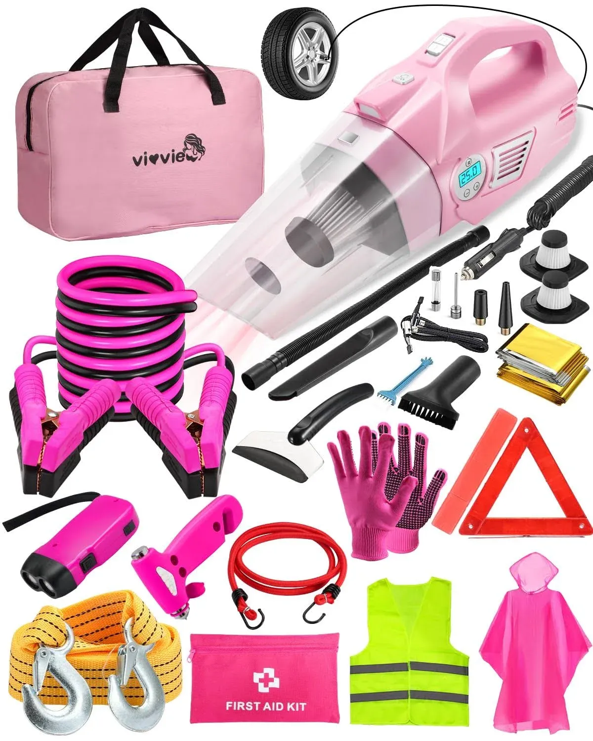 Vioview Roadside Emergency Car Safety Kit, with 4-in-1 Inflatable Car Vacuum Cleaner, Pink Jumper Cables, First Aid Kit, Tow Rope. Vehicle Must Haves Emergency Kit Accessories for Women