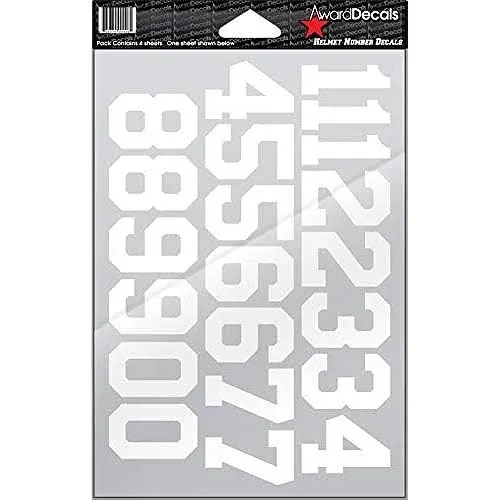 Number Stickers for Helmets White 1.5" 4 Sheets (Football, Baseball, Softball, Hockey, Lacrosse, Etc.) The Original Award Decals Premium 20mil Thick Helmet Decals Made in The USA Since 1976