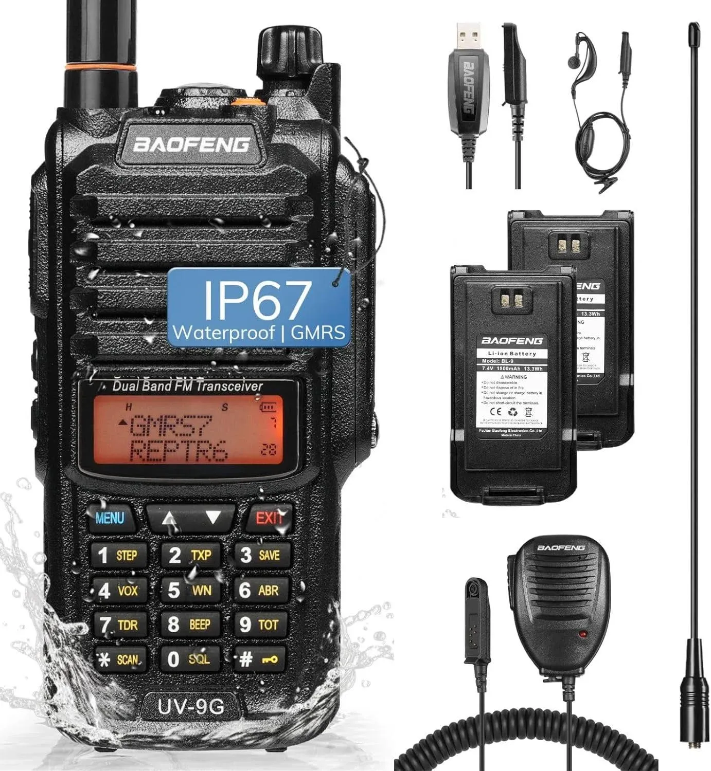 UV-9G IP67 Waterproof GMRS Radio with Long Antenna [1 Pack]