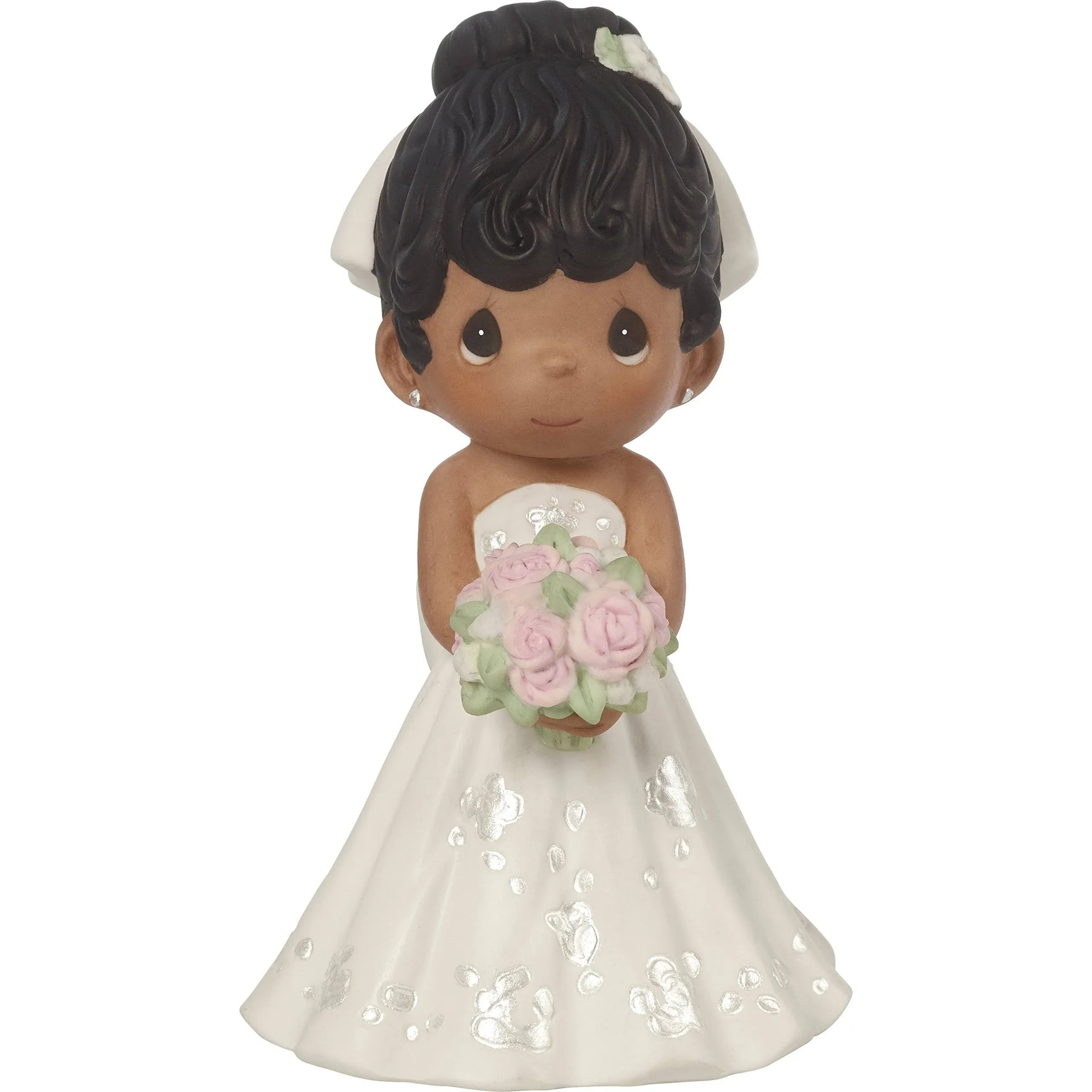 Precious Moments Perfect Couple Bride, Black Hair With Dark Skin Tone Bisque Porcelain Wedding Figurine & Cake Topper, 172067