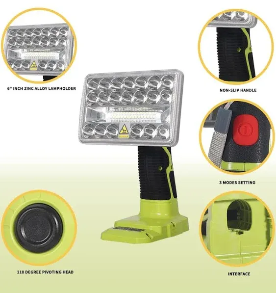 18W LED Work Light for Ryobi One+ 18V Li-ion Ni-Cad Ni-Mh Battery, 2000LM Zinc Alloy Flashlight Spotlight with 3 Light Modes, 110 Degree Pivoting Head Indoor Outdoor Use……