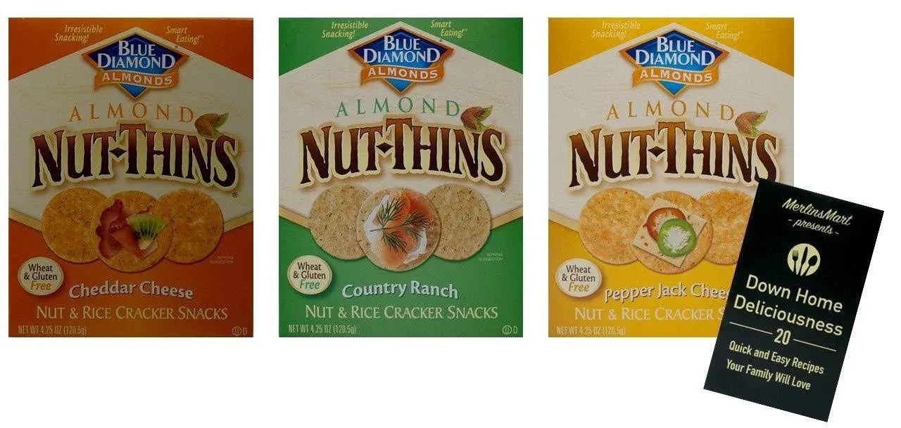 Blue Diamond Almond Nut Thins Rice Crackers | Wheat-Free | Gluten Free | 3 Flavor Variety (1) each: Cheddar, Country Ranch, Pepper Jack Cheese (4.25 Ounces) Plus Recipe Booklet BundleBlue Diamond Almond Nut Thins Rice Crackers | Wheat-…