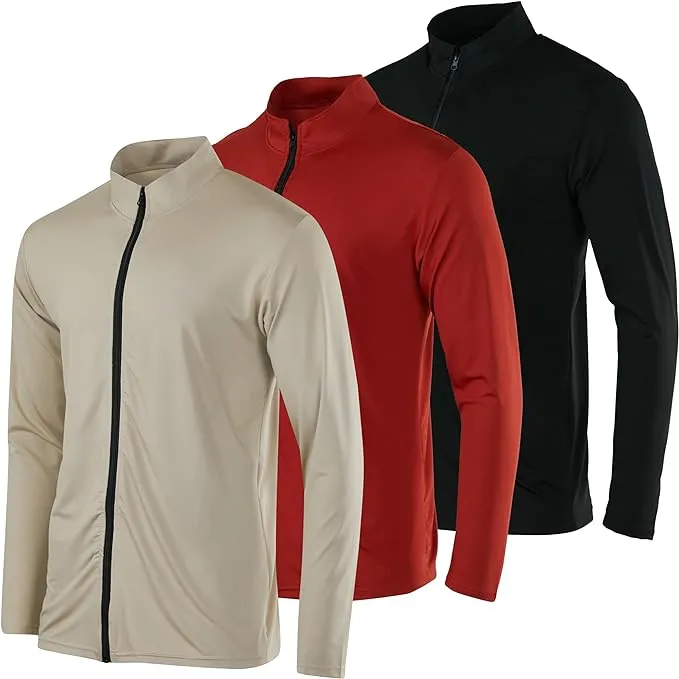 Real Essentials 3 Pack: Mens Dry-Fit Long Sleeve Full Zip Hoodie & Jacket- Athletic Running Jacket (Available in Big & Tall)