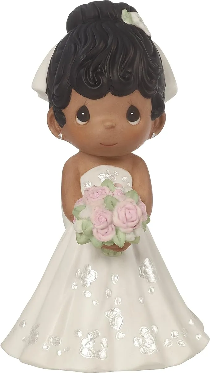 Precious Moments Perfect Couple Bride, Black Hair With Dark Skin Tone Bisque Porcelain Wedding Figurine & Cake Topper, 172067