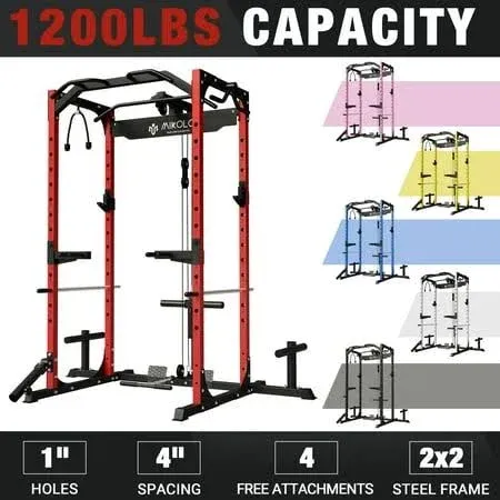 Mikolo Power Rack Cage with LAT Pulldown System,1200LBS Capacity Workout Rack, Multi-Functional Squat Rack with 13-Level Adjustable Height and J-Hooks, Dip Bars, T-Bar, Gym Equipment (Upgraded)