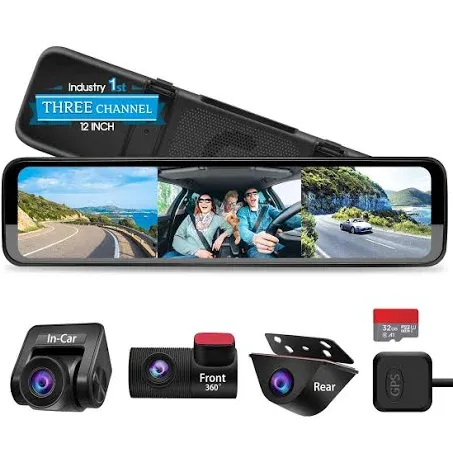 PORMIDO Triple Mirror Dash Cam 12" with Detached Front and in-Car Camera,Waterproof Backup Rear View Dashcam Anti Glare 1296P IPS Touch Screen with Sony Sensor,Starvis Night Vision,GPS,Parking Assist