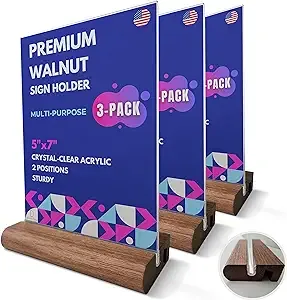 DS Acrylic Sign Holder 5x7" [3-PACK] | Walnut Wood Base and Crystal-Clear Acrylic Frame: Double-Sided Tabletop Display. Menu Holder, Picture Frame, Store Sign, Display Stand or Booth Display.