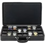 24 Slot Watch Briefcase Black Carbon Fiber Zippered Travel Storage Case