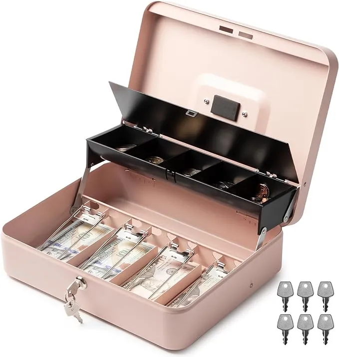 Volcora Large Cash Box with Key Lock, Metal Money Box for Cash, Portable Locking Safe Box with Money Tray, Durable Money Saving Organizer for Yard Sale, Garage Sale, Small Business, Rose Gold