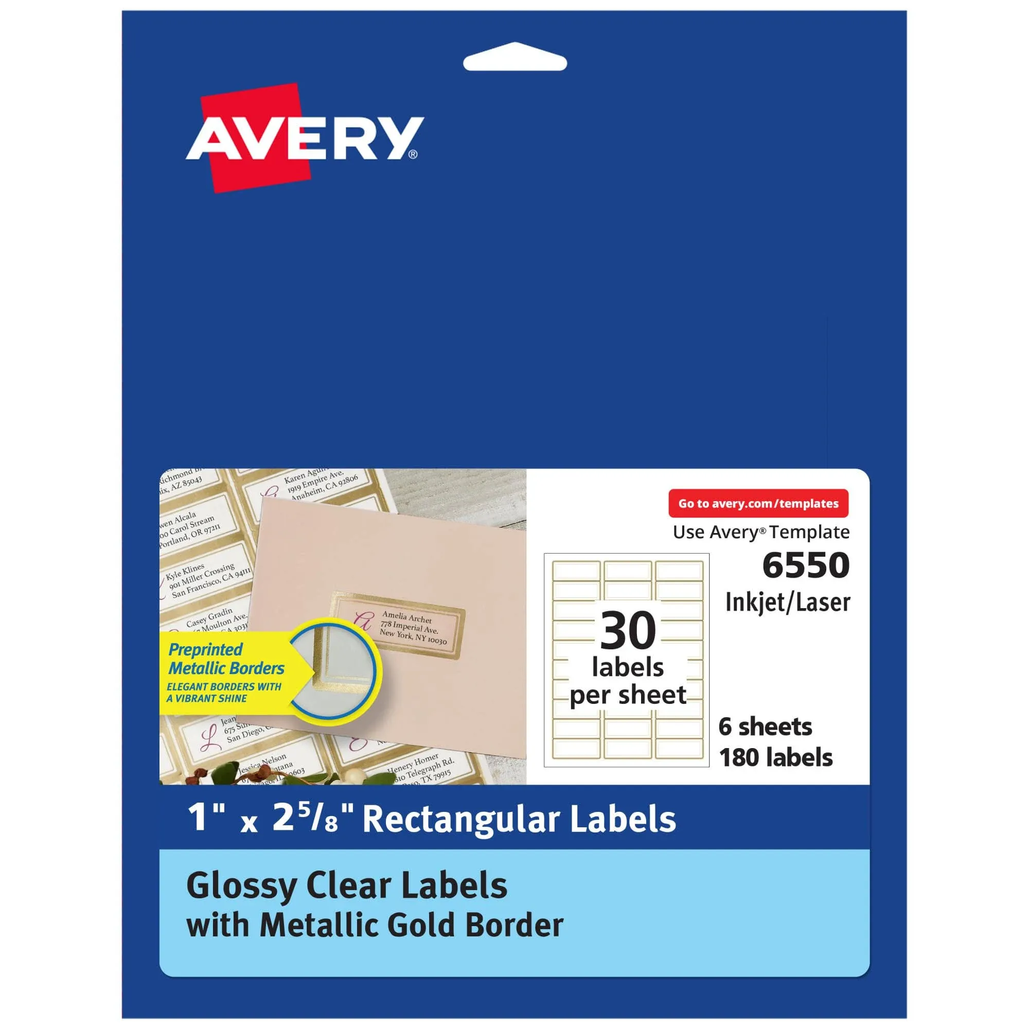 Avery Glossy Clear Labels with Metallic Gold Label Borders, 1" x 2-5/8" Rectangle Labels, 180 Total, Laser/Inkjet Printable Labels (6550)