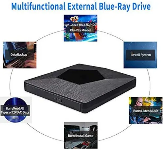 Wihool External Blu Ray CD DVD Drive, Portable 3D Blu-ray Drive USB 3.0 and Type-C DVD Burner Optical Bluray CD DVD Reader for Mac OS, Windows xp/7/8/10, Laptop PC