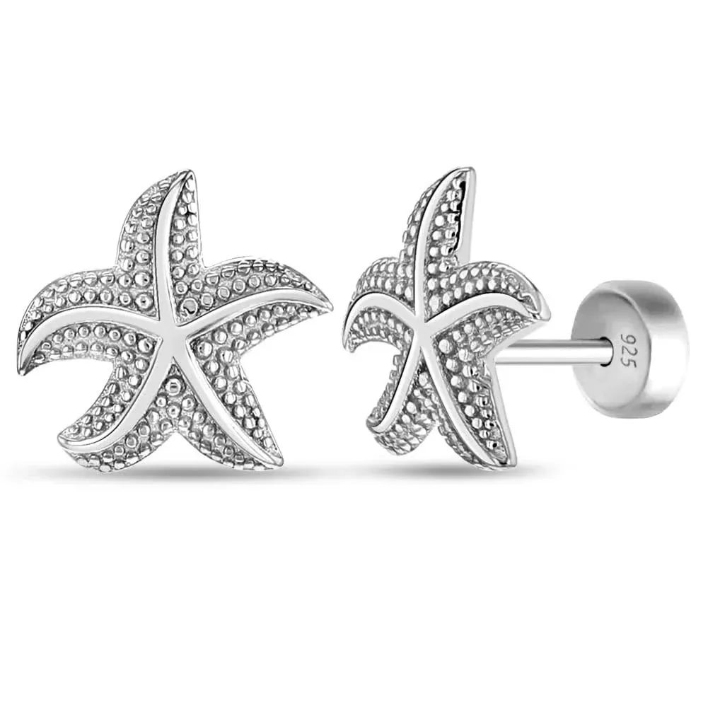 925 Sterling Silver Sea Nautical Safety Push Back Starfish Earrings for Girls ...