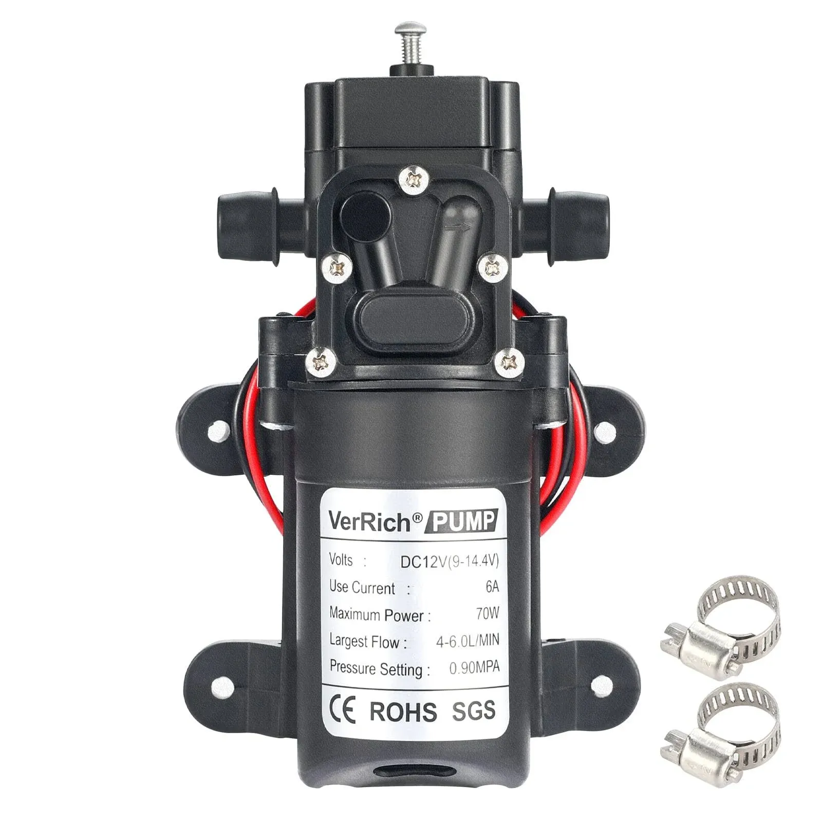 Diaphragm Pump,VerRich 12V Water Pump 70W 6A Self Priming Sprayer Pump 6 L/Min 0.9MPA 131 PSI for RV Camper Marine Boat Garden