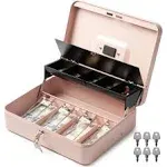 Volcora Large Cash Box with Key Lock, Metal Money Box for Cash, Portable Locking Safe Box with Money Tray, Durable Money Saving Organizer for Yard Sale, Garage Sale, Small Business, Rose Gold