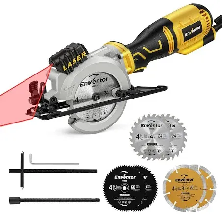 ENVENTOR Mini Circular Saw, 5.8A Electric Circular Saw with 6 Saw Blades 4-1/2", Laser Guide, 3500RPM, Max Cutting Depth 1-11/16"(90°), 1-1/8"(45°), Compact Tile Saw Corded for Soft Metal, Wood