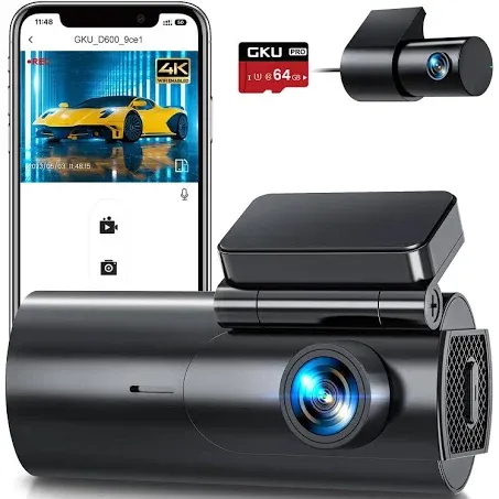 GKU Dash Cam Front and Rear Camera, 4K+1080P Dual Dashcams for Cars with 64GB SD Card, 5GHz WiFi & App Control, Night Vision, Parking Mode, G-Sensor, Loop Recording,WDR,170° Wide Angle