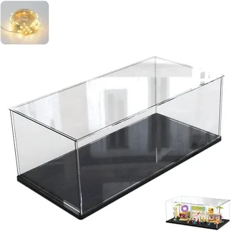 Thickened Clear Acrylic Display Case for Lego 10295 10265 42170 42155 42176 75376 Collectibles, Transparent Box Dustproof Protection with Wood-Plastic Base & String Light, Black Inside 15.7x7.9x7.9in