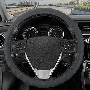 BDK Genuine Gray Leather Steering Wheel Cover for Car, Small 13.5-14 inch – Ergonomic Comfort Grip for Men & Women, Car Steering Wheel Cover for Vehicles with Small Steering Wheels