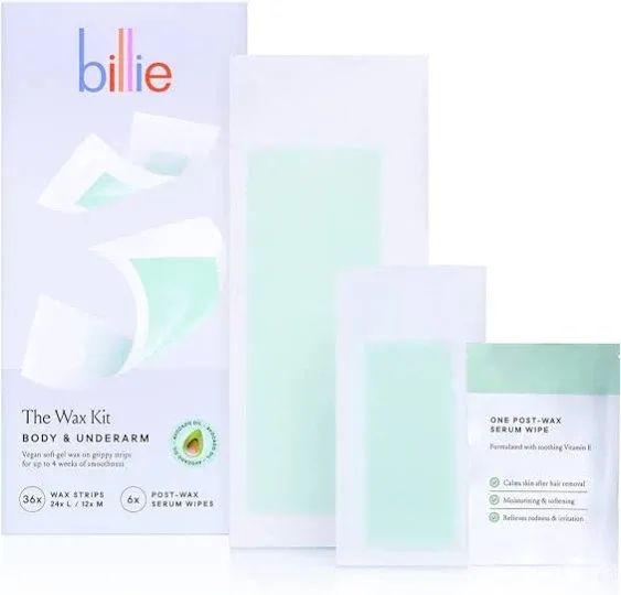 Billie Wax Kit - Body & Underarm - Easy & Convenient - No Heat - Made With Aloe & Avocado Oil - Vegan Soft-Gel - 36 wax strips - 6 post-wax serum wipes